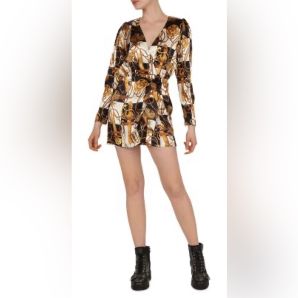 THE KOOPLES equestrian gold chain print long sleeve photo wrap dress Siz…